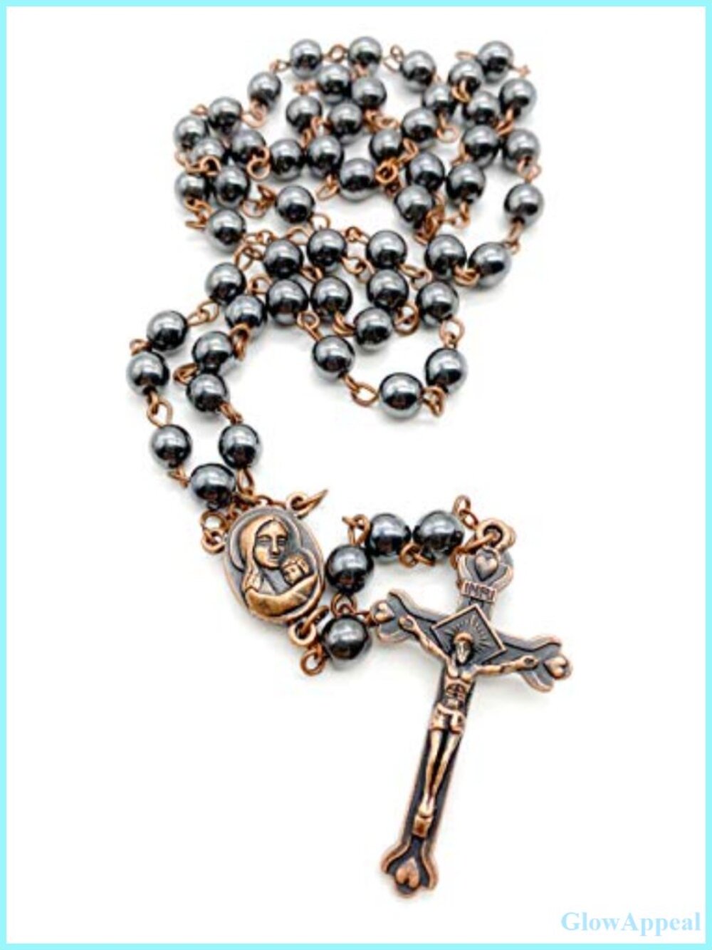 Hematite Rosary Beads Necklace Jerusalem Holy Soil Cross Religious Five Decade